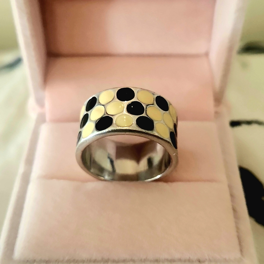 Vintage Italian Sterling & Enamel Polka Dots Chunky Ring
